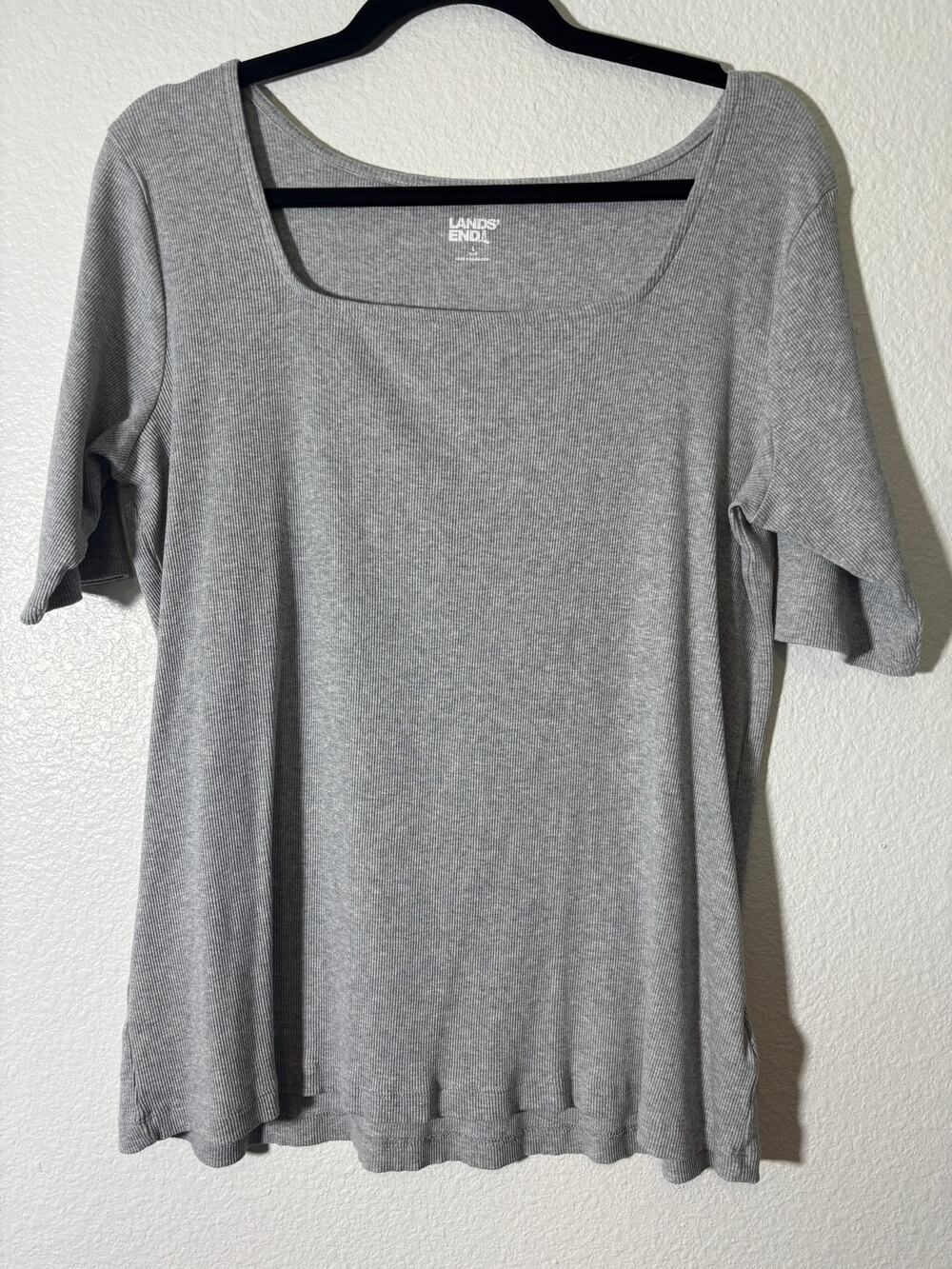 Lands' End Women's Size L Ribbed Cotton Short Sleeve T-Shirt Gray Square Neck